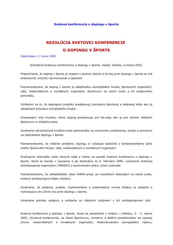 Titulná strana Rezolúcie Svetovej konferencie o dopingu v športe – otvorí dokument PDF